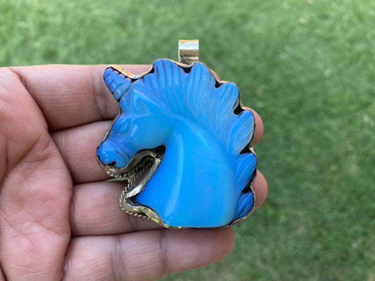 Large Carved Opalite Horse Head Tibetan Silver Pendant, Unicorn Pendant, Horse Jewelry, Animal Lovers Jewelry, Metaphysical Stone Pendant