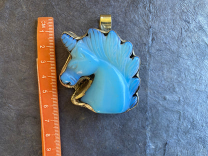 Large Carved Opalite Horse Head Tibetan Silver Pendant, Unicorn Pendant, Horse Jewelry, Animal Lovers Jewelry, Metaphysical Stone Pendant