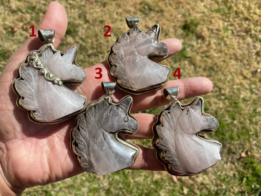 Large Carved Rose Quartz Horse Head Tibetan Silver Pendant, Horse Jewelry, Animal Lovers Jewelry, Metaphysical Stone Pendant, Unicorn, Boho