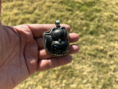 Large Cat Lovers Black Obsidian Tibetan Silver Pendant, Pet Lover's Jewelry, Pet Loss Gift, Pet Memorial Gift, Kitten Pendant for Necklace,