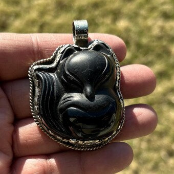 Large Cat Lovers Black Obsidian Tibetan Silver Pendant, Pet Lover's Jewelry, Pet Loss Gift, Pet Memorial Gift, Kitten Pendant for Necklace,