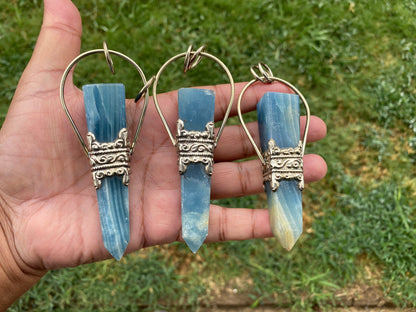 Large Chalcedony Natural Stone Tibetan Silver Pendant, Stone Of Nurture, Obelisk Point, Handcrafted Jewelry, Serenity Stone, Unique Jewelry