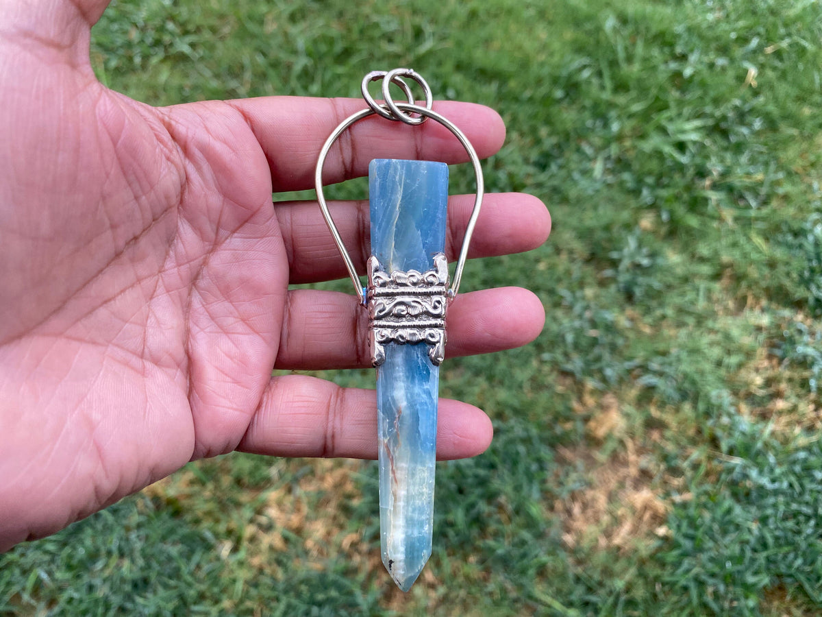 Large Chalcedony Natural Stone Tibetan Silver Pendant, Stone Of Nurture, Obelisk Point, Handcrafted Jewelry, Serenity Stone, Unique Jewelry