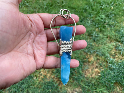 Large Chalcedony Natural Stone Tibetan Silver Pendant, Stone Of Nurture, Obelisk Point, Handcrafted Jewelry, Serenity Stone, Unique Jewelry