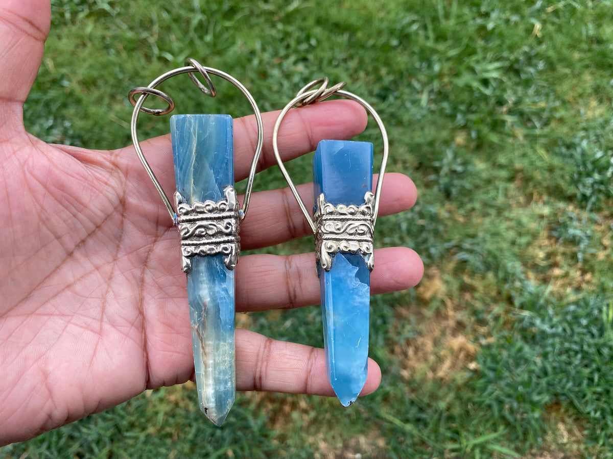 Large Chalcedony Natural Stone Tibetan Silver Pendant, Stone Of Nurture, Obelisk Point, Handcrafted Jewelry, Serenity Stone, Unique Jewelry