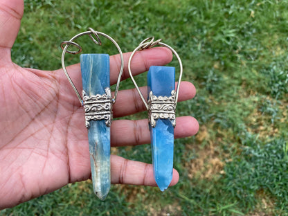 Large Chalcedony Natural Stone Tibetan Silver Pendant, Stone Of Nurture, Obelisk Point, Handcrafted Jewelry, Serenity Stone, Unique Jewelry