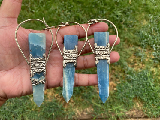 Large Chalcedony Natural Stone Tibetan Silver Pendant, Terminated Wand, Obelisk Point, Handcrafted Jewelry, Serenity Stone, Unique Jewelry