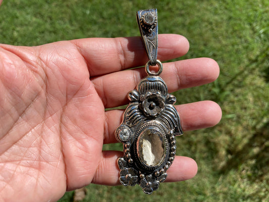 Large Citrine Tibetan Silver Pendant, White Topaz Gemstone Pendant for Necklace, Jewelry from Nepal,Christmas Gift,Ethnic Hill Tribe Jewelry