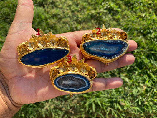 Large Colorful Slice Agate Pendant, 18K Brushed Gold Overlay, Flower Design Pendant For Necklace, Healing Crystal Jewelry, Druzy Slice Agate