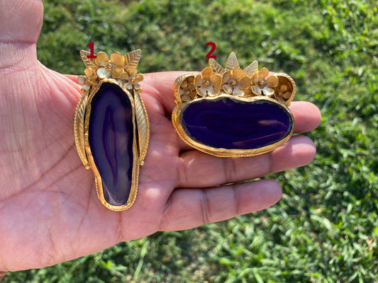 Large Colorful Slice Agate Pendant, 18K Brushed Gold Overlay, Flower Design Pendant For Necklace, Healing Crystal Jewelry, Druzy Agate Slice