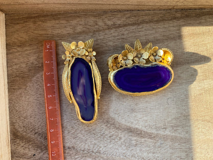 Large Colorful Slice Agate Pendant, 18K Brushed Gold Overlay, Flower Design Pendant For Necklace, Healing Crystal Jewelry, Druzy Agate Slice