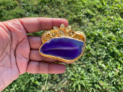 Large Colorful Slice Agate Pendant, 18K Brushed Gold Overlay, Flower Design Pendant For Necklace, Healing Crystal Jewelry, Druzy Agate Slice