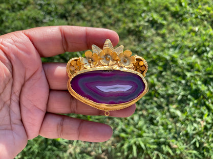 Large Colorful Slice Agate Pendant, Brushed Gold Overlay, Flower Design Pendant For Necklace, Healing Crystal Jewelry, Unique Craftsmanship