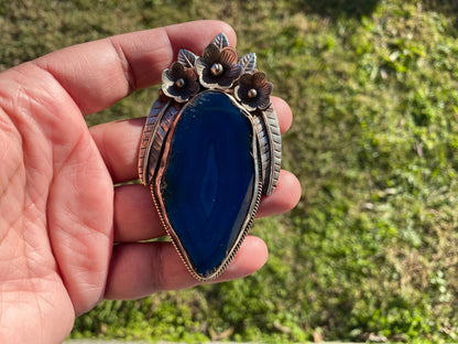 Large Colorful Slice Agate Tibetan Silver Pendant, Flower Design Pendant For Necklace, Healing Crystal Jewelry, Agate Geode Slice Pendant