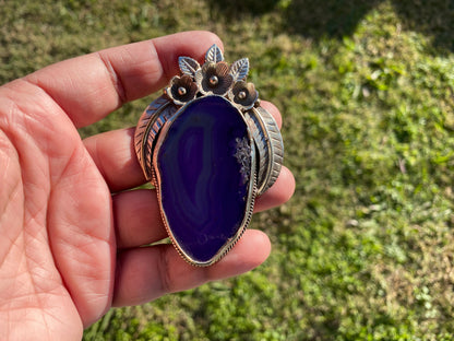 Large Colorful Slice Agate Tibetan Silver Pendant, Flower Design Pendant For Necklace, Healing Crystal Jewelry, Agate Geode Slice Pendant
