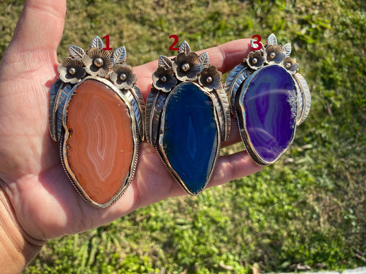 Large Colorful Slice Agate Tibetan Silver Pendant, Flower Design Pendant For Necklace, Healing Crystal Jewelry, Agate Geode Slice Pendant