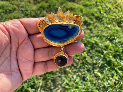 Large Colorful Slice Agate with Smoky Quartz Pendant, 18K Brushed Gold Overlay, Flower Design Pendant For Necklace, Healing Crystal Jewelry