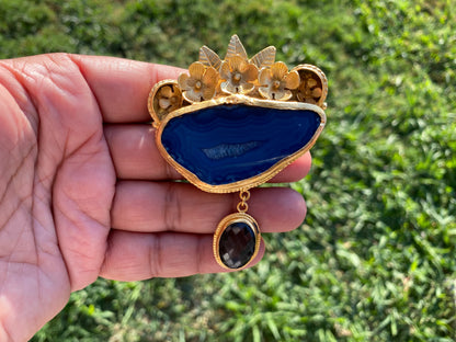 Large Colorful Slice Agate with Smoky Quartz Pendant, 18K Brushed Gold Overlay, Flower Design Pendant For Necklace, Healing Crystal Jewelry
