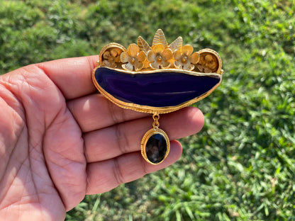 Large Colorful Slice Agate with Smoky Quartz Pendant, 18K Brushed Gold Overlay, Flower Design Pendant For Necklace, Healing Crystal Jewelry
