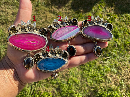 Large Colorful Slice Agate with Smoky Quartz Tibetan Silver Pendant, Flower Design Pendant For Necklace, Healing Crystal Jewelry