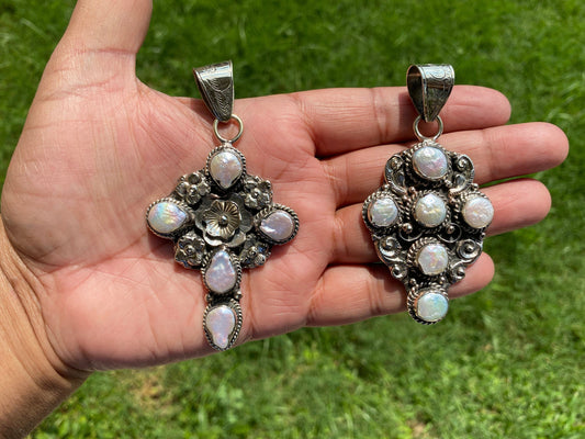 Large Cross Natural Pearl Tibetan Silver Pendant, Christian Religious, Catholic Jewelry, Ornate, Wedding Bridal Rosary, Bible Craft Cross