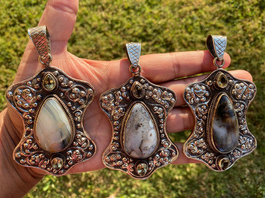 Large Dendritic Agate Pendant, Tibetan Silver Pendant, Citrine Gemstone, Tibetan Pendant, Natural Stone Pendant, Hand Carved Ethnic Pendant