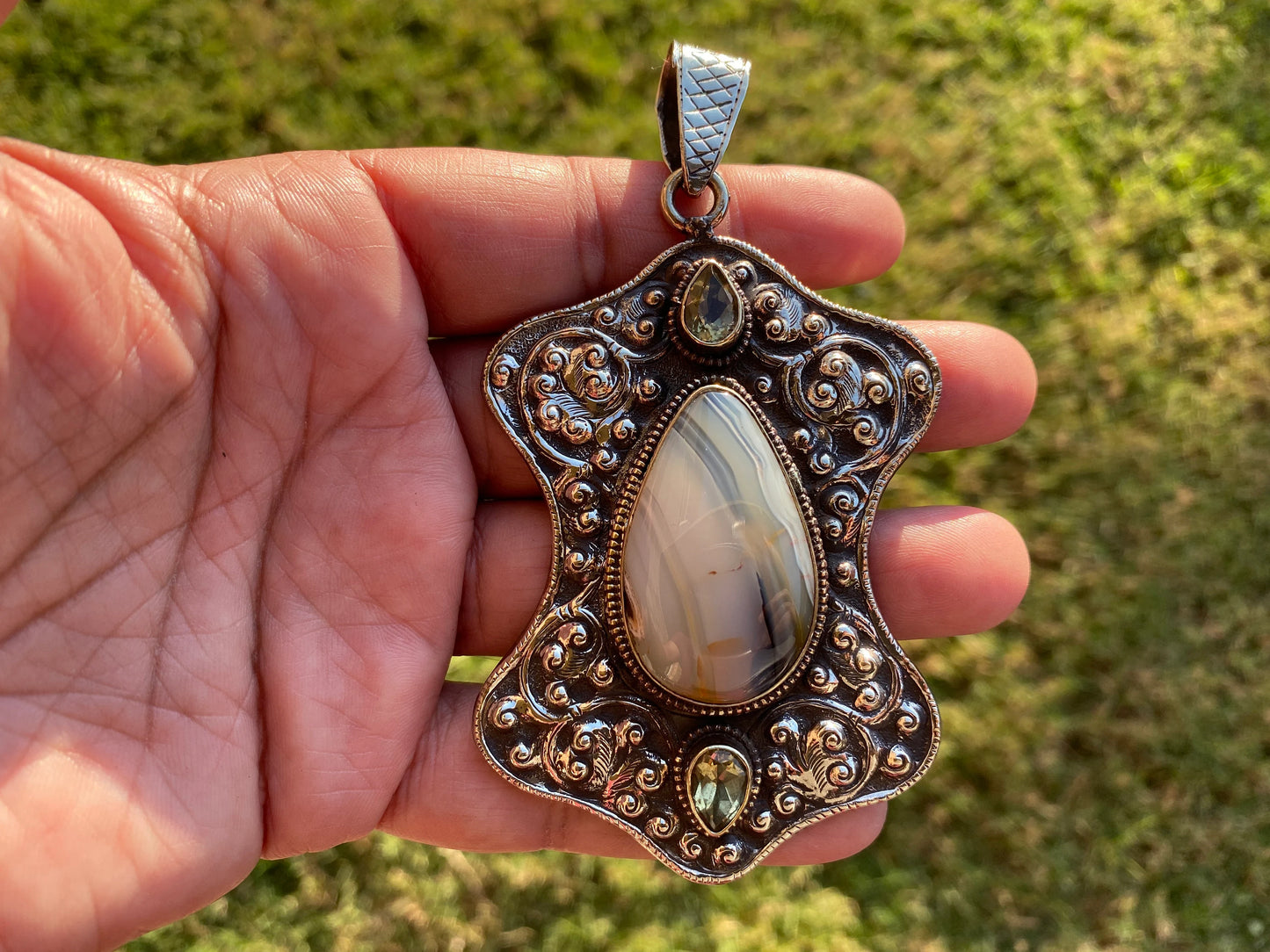 Large Dendritic Agate Pendant, Tibetan Silver Pendant, Citrine Gemstone, Tibetan Pendant, Natural Stone Pendant, Hand Carved Ethnic Pendant
