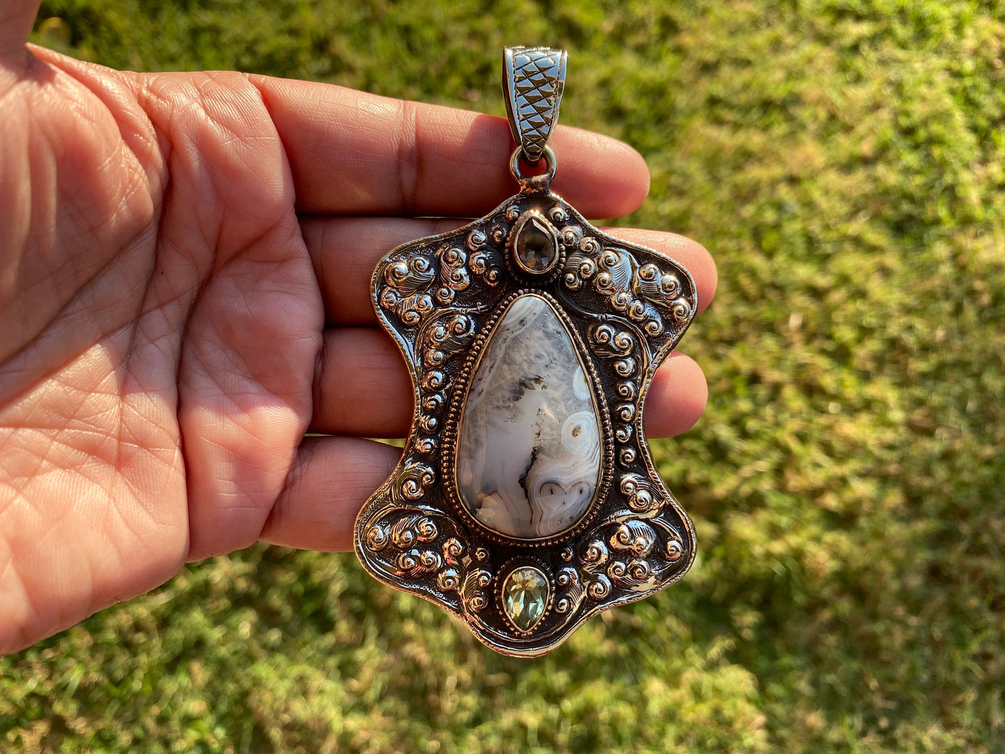 Large Dendritic Agate Pendant, Tibetan Silver Pendant, Citrine Gemstone, Tibetan Pendant, Natural Stone Pendant, Hand Carved Ethnic Pendant