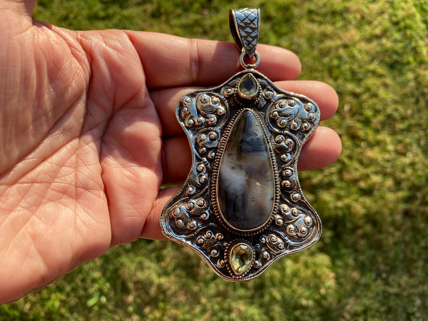 Large Dendritic Agate Pendant, Tibetan Silver Pendant, Citrine Gemstone, Tibetan Pendant, Natural Stone Pendant, Hand Carved Ethnic Pendant