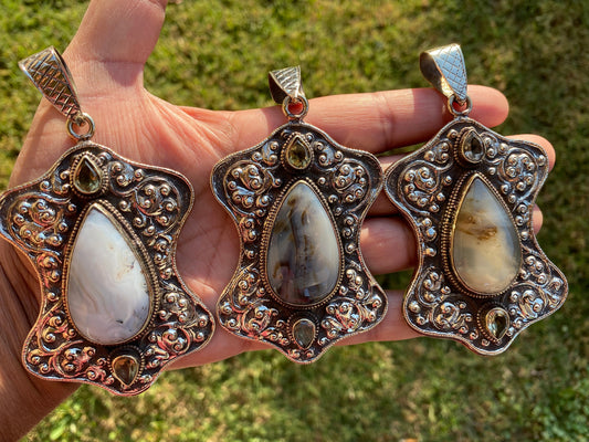 Large Dendritic Agate Pendant, Tibetan Silver Pendant, Citrine Gemstone, Tibetan Pendant, Natural Stone Pendant, Hand Carved Ethnic Pendant