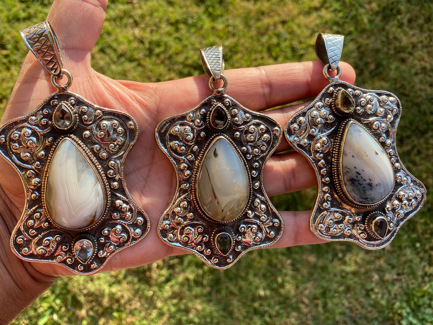 Large Dendritic Agate Pendant, Tibetan Silver Pendant, Smoky Topaz Gemstone, Tibetan Pendant, Natural Stone Pendant, Carved Ethnic Pendant