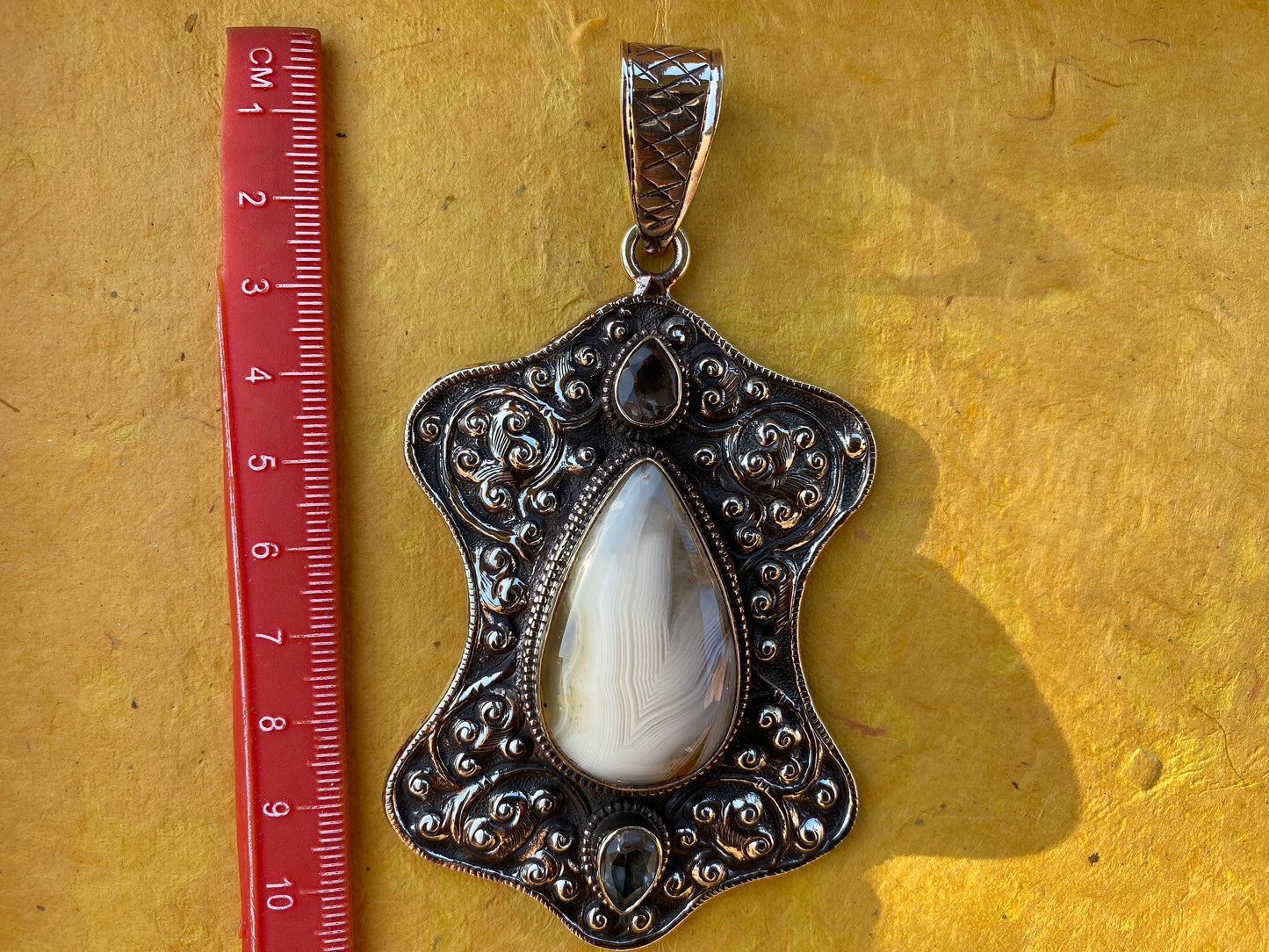 Large Dendritic Agate Pendant, Tibetan Silver Pendant, Smoky Topaz Gemstone, Tibetan Pendant, Natural Stone Pendant, Carved Ethnic Pendant
