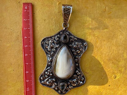 Large Dendritic Agate Pendant, Tibetan Silver Pendant, Smoky Topaz Gemstone, Tibetan Pendant, Natural Stone Pendant, Carved Ethnic Pendant