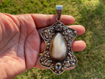 Large Dendritic Agate Pendant, Tibetan Silver Pendant, Smoky Topaz Gemstone, Tibetan Pendant, Natural Stone Pendant, Carved Ethnic Pendant