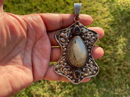 Large Dendritic Agate Pendant, Tibetan Silver Pendant, Smoky Topaz Gemstone, Tibetan Pendant, Natural Stone Pendant, Carved Ethnic Pendant
