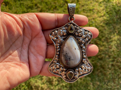 Large Dendritic Agate Pendant, Tibetan Silver Pendant, Smoky Topaz Gemstone, Tibetan Pendant, Natural Stone Pendant, Carved Ethnic Pendant