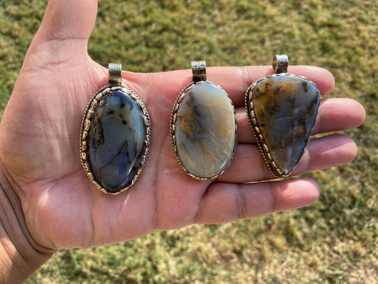 Large Dendritic Scenic Agate Natural Gemstone, Tibetan Silver Pendant, Handcrafted Jewelry, Natural Stone Jewelry, Pendant for Necklace