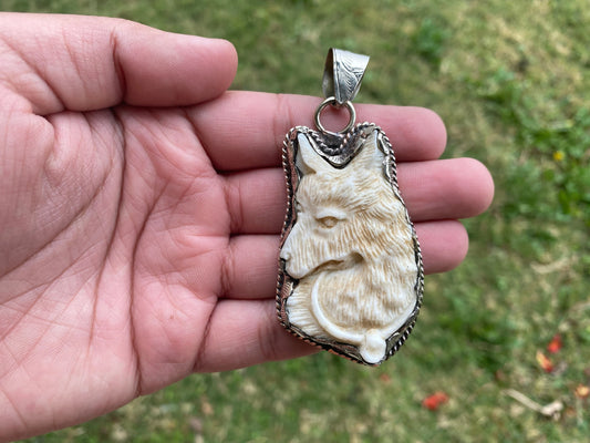 Large Dog Hand Carved Bone Tibetan Silver Pendant, Pet Lovers Jewelry, Best Cute Gift, Pet Memorial Jewelry, Christmas Gift for Pet Lover
