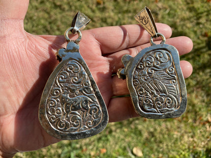 Large Dolomite Tibetan Silver Pendant with White Topaz Gemstone, Handcrafted Ethnic Hill Tribe Himalayan Jewelry, Large Bail, Animal Carving