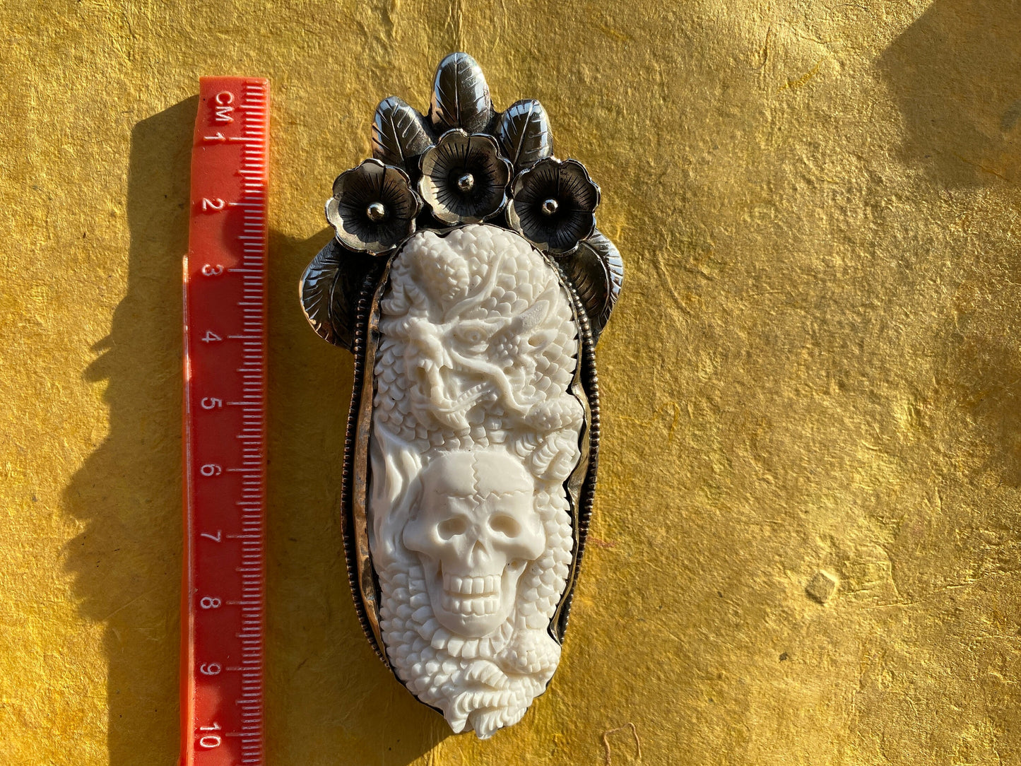 Large Dragon & Skull Hand Carved Buffalo Bone Tibetan Silver Pendant, Repousse Silver, Jewelry for Men or Women, Ethnic Jewelry, Bone Locket