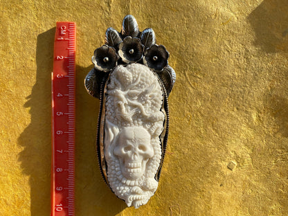 Large Dragon & Skull Hand Carved Buffalo Bone Tibetan Silver Pendant, Repousse Silver, Jewelry for Men or Women, Ethnic Jewelry, Bone Locket