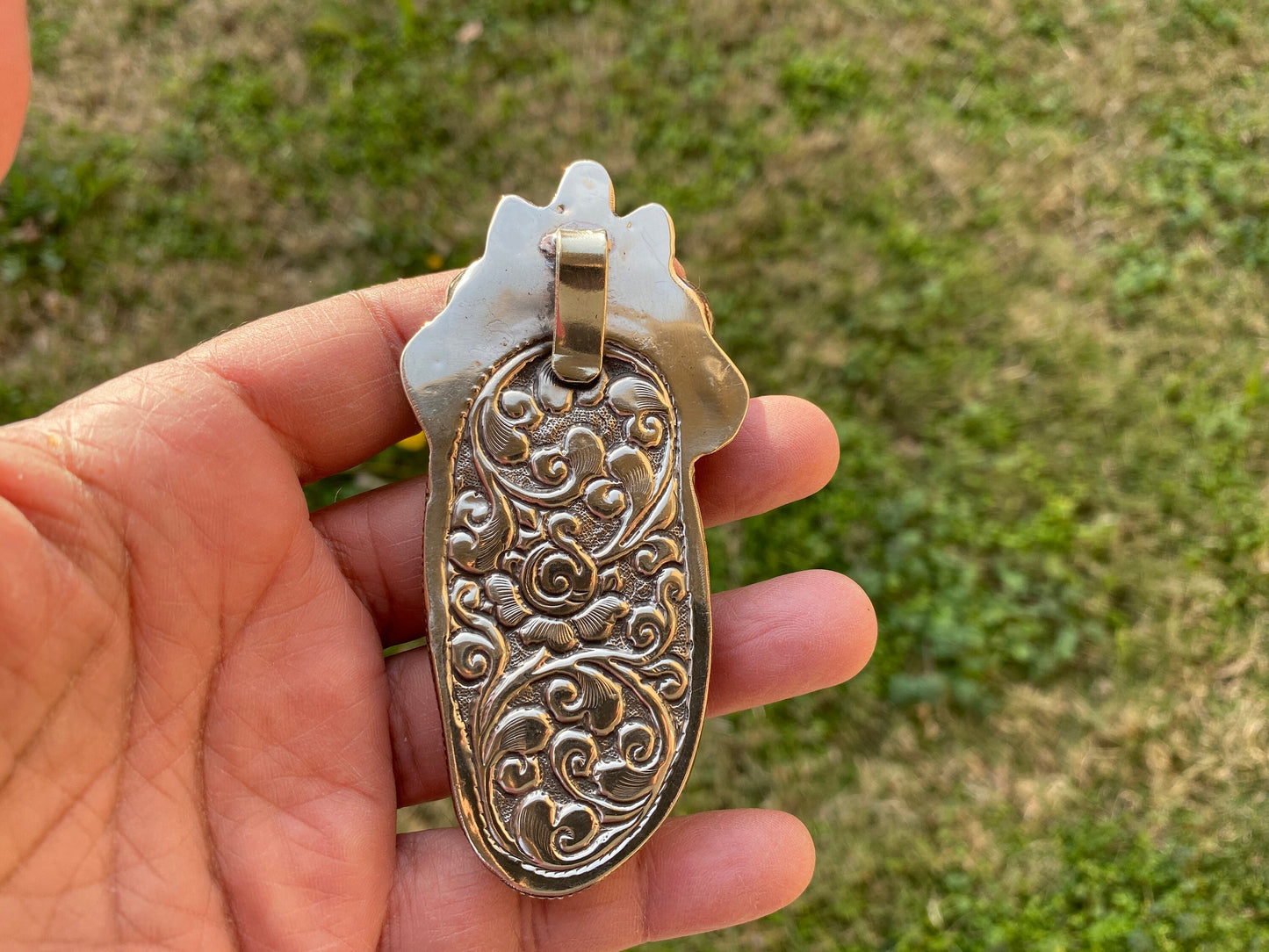 Large Dragon & Skull Hand Carved Buffalo Bone Tibetan Silver Pendant, Repousse Silver, Jewelry for Men or Women, Ethnic Jewelry, Bone Locket