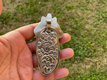 Large Dragon & Skull Hand Carved Buffalo Bone Tibetan Silver Pendant, Repousse Silver, Jewelry for Men or Women, Ethnic Jewelry, Bone Locket