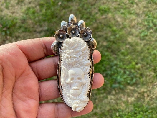Large Dragon & Skull Hand Carved Buffalo Bone Tibetan Silver Pendant, Repousse Silver, Jewelry for Men or Women, Ethnic Jewelry, Bone Locket