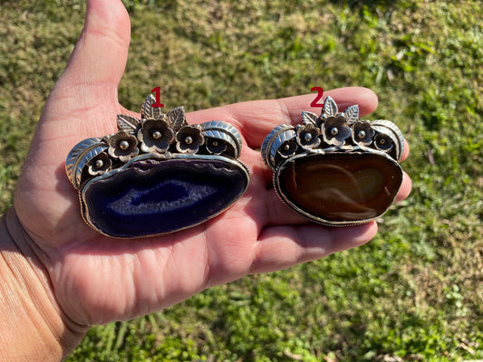 Large Druzy Slice Agate Tibetan Silver Pendant, Natural Stone, Flower Designs Pendant For Necklace, Ethnic Jewelry, Colorful Agate Slices