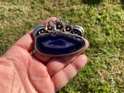 Large Druzy Slice Agate Tibetan Silver Pendant, Natural Stone, Flower Designs Pendant For Necklace, Ethnic Jewelry, Colorful Agate Slices