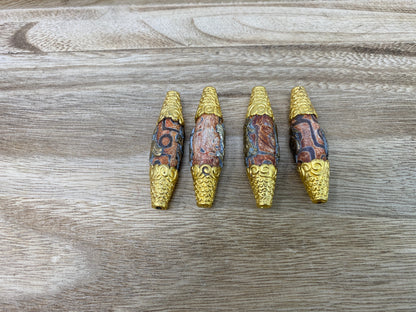 Large Dzi Agate Beads, 18K Matte Gold Overlay over Brass, Nepal Tibetan Himalayan Bead, Ethnic Tribal Jewelry, Beads for Necklace & Bracelet