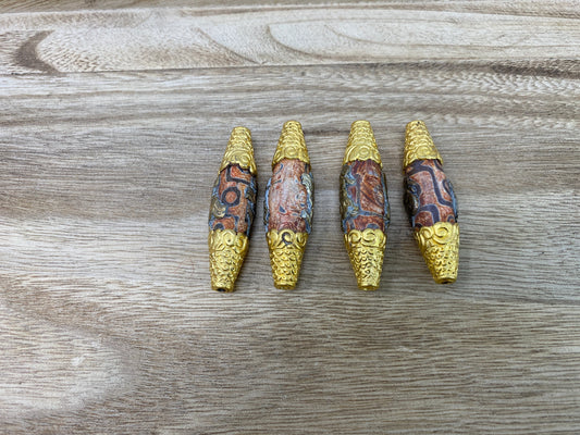 Large Dzi Agate Beads, 18K Matte Gold Overlay over Brass, Nepal Tibetan Himalayan Bead, Ethnic Tribal Jewelry, Beads for Necklace & Bracelet