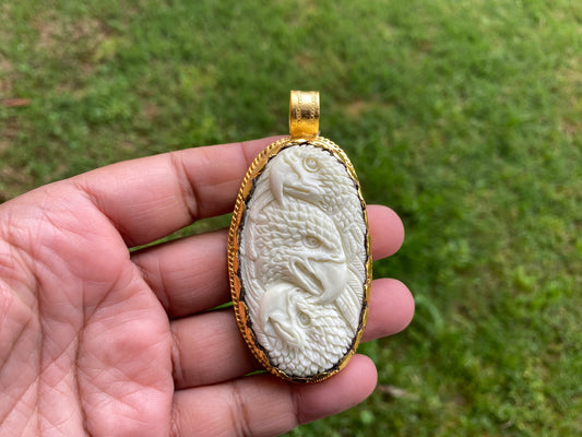 Large Eagle Carved Bone Pendant, 18K Brushed Gold Overlay Non Tarnish Unisex Pendant, Tribal Jewelry, Himalayan Jewelry, Carved Animal, Boho