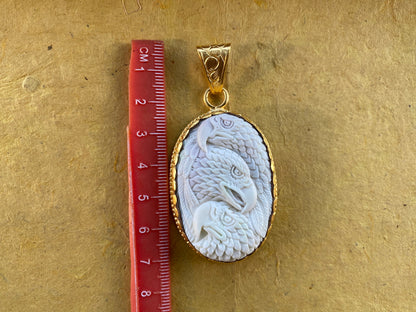 Large Eagle Carved Bone Pendant, 18K Brushed Gold Overlay Non Tarnish Unisex Pendant, Tribal Jewelry, Himalayan Jewelry, Carved Animal, Boho